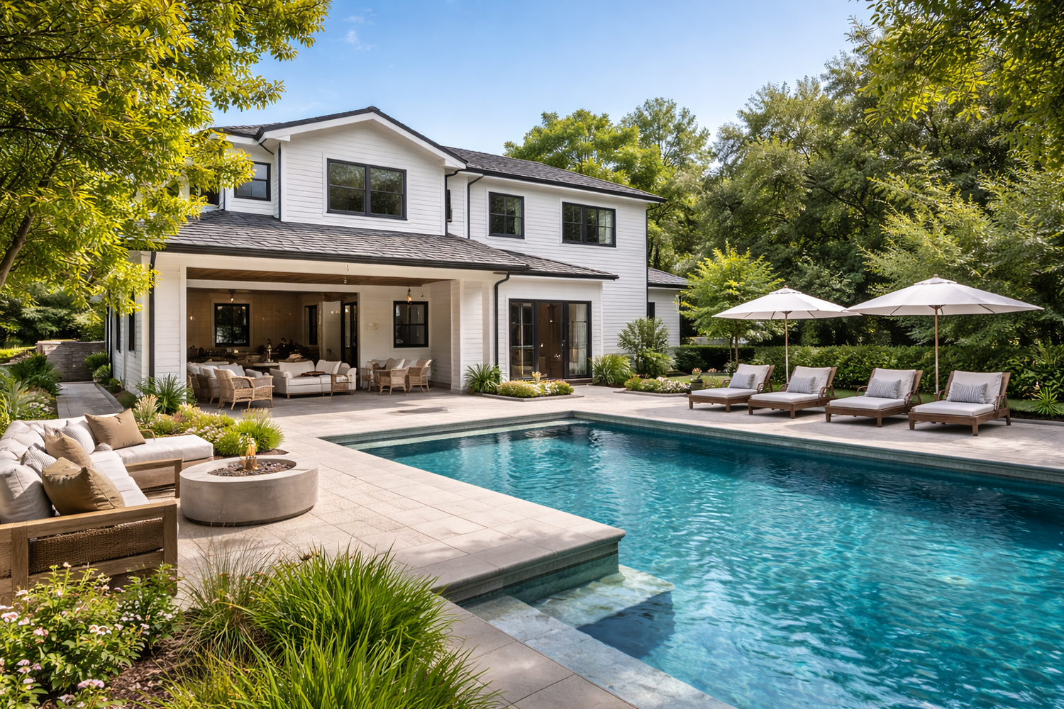Modern luxury home exterior with swimming pool, lounge chairs, and lush landscaping creates an upscale outdoor oasis.