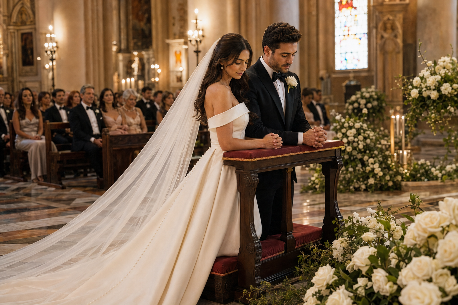 Elegant bride and groom kneeling at church altar during wedding ceremony surrounded by white floral arrangements.