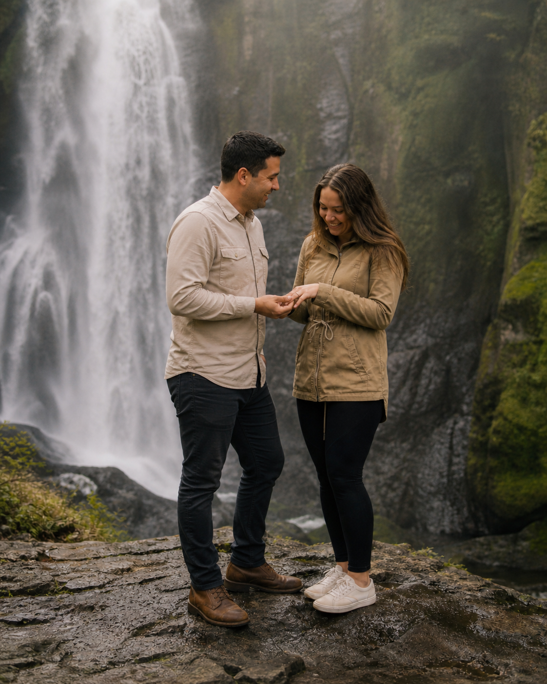 Couple sharing a romantic engagement moment in front of a misty waterfall, examining a ring outdoors.