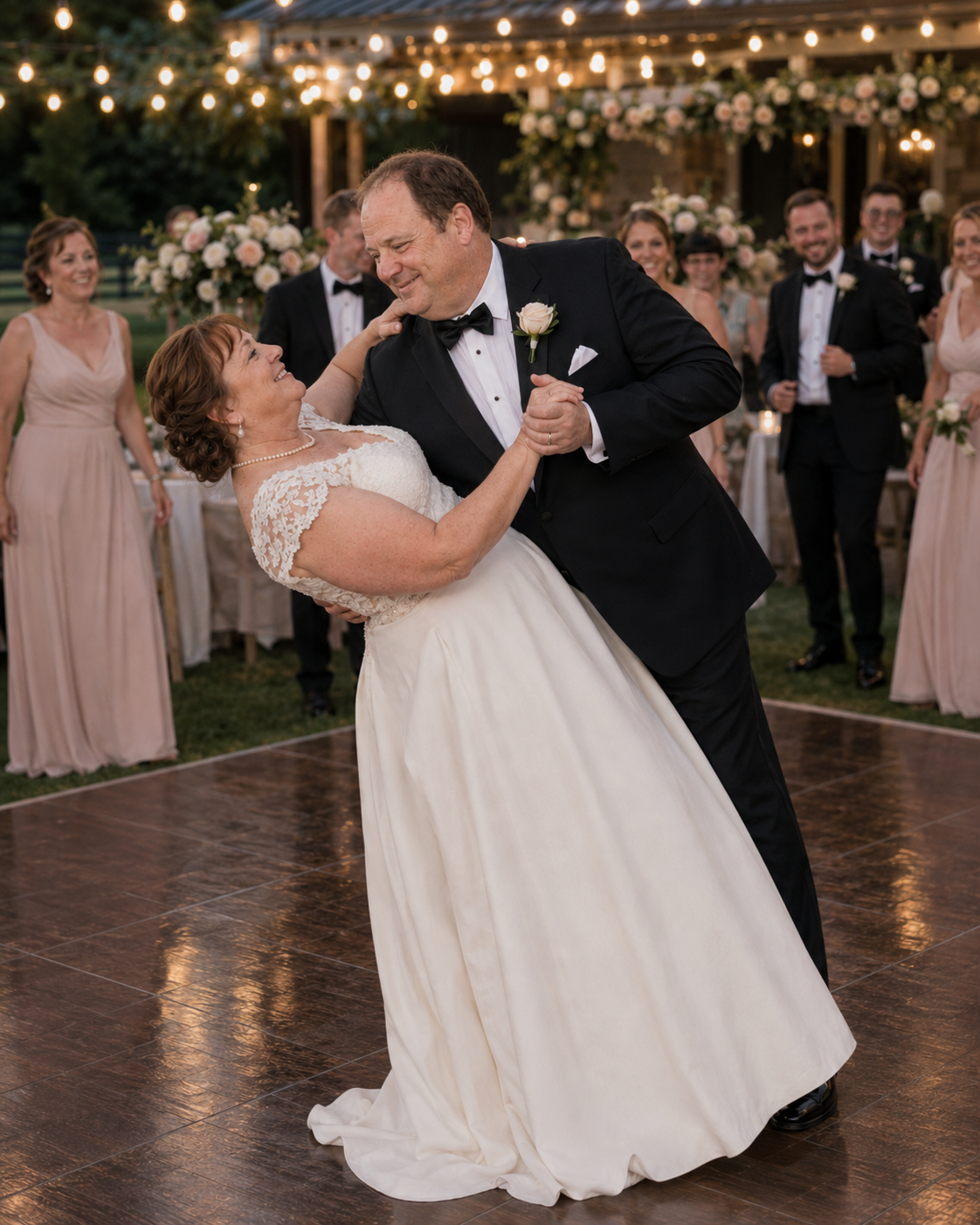 Bride and groom share first dance dip outdoors under string lights, surrounded by bridesmaids in blush gowns.