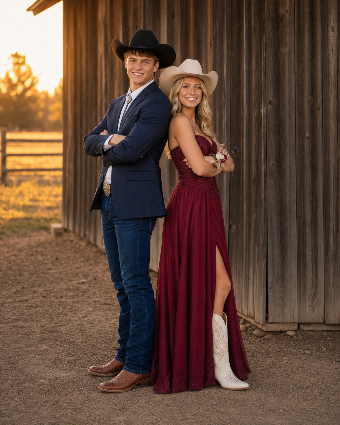 Young couple in western prom attire pose by barn at sunset, wearing cowboy hats and boots.