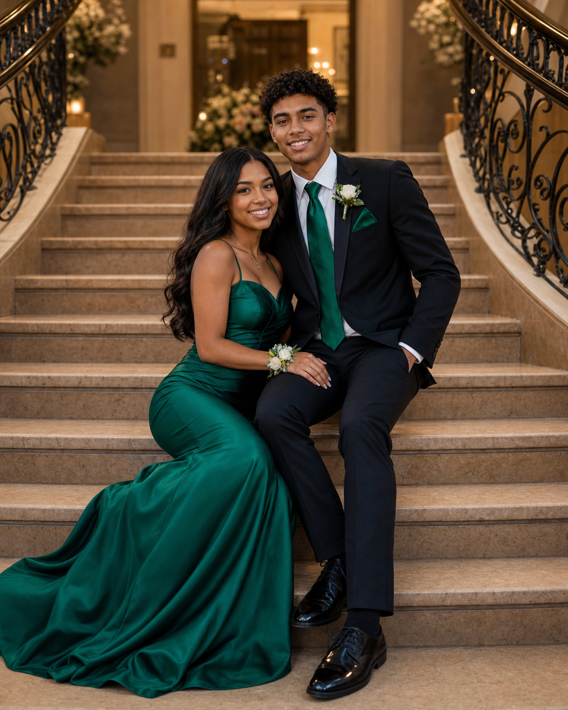 A couple poses on elegant staircase in matching emerald green prom attire, she in a satin gown, he in a black suit.