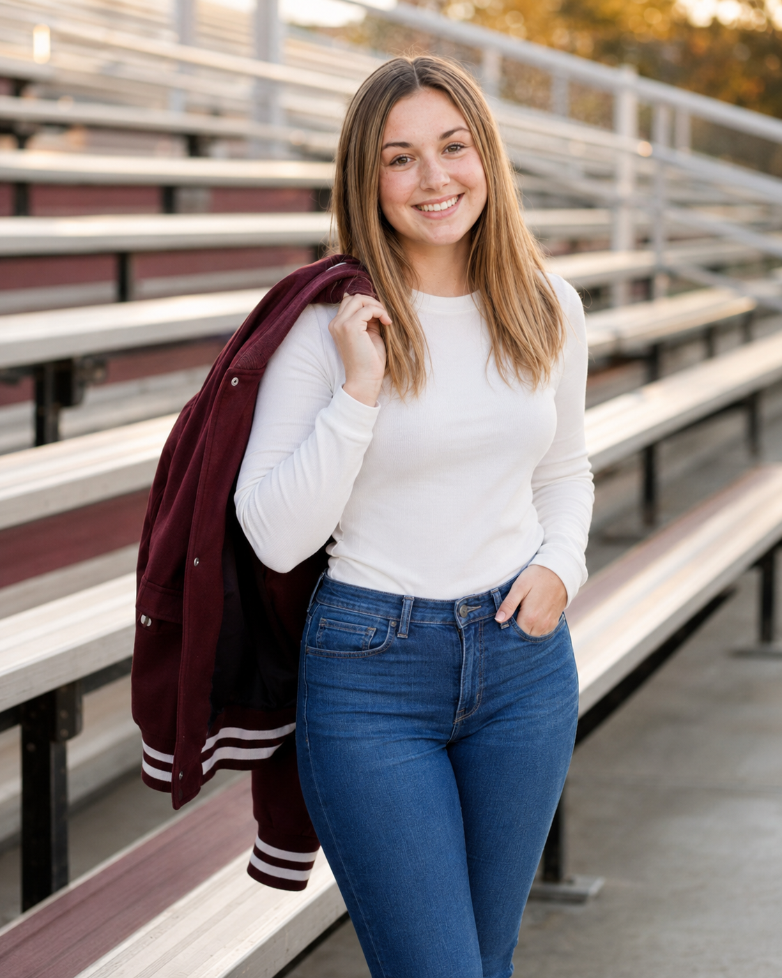 Smiling teenage girl in white top and jeans holding a maroon varsity jacket over her shoulder at bleachers.