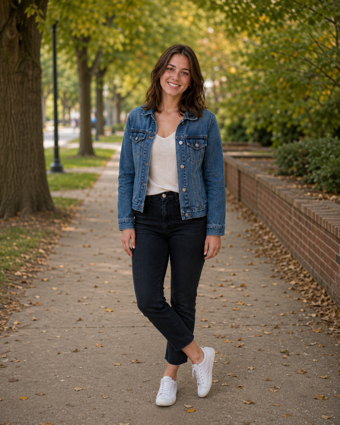 Woman in denim jacket, white tee, black jeans, and white sneakers smiling on a tree-lined brick sidewalk.