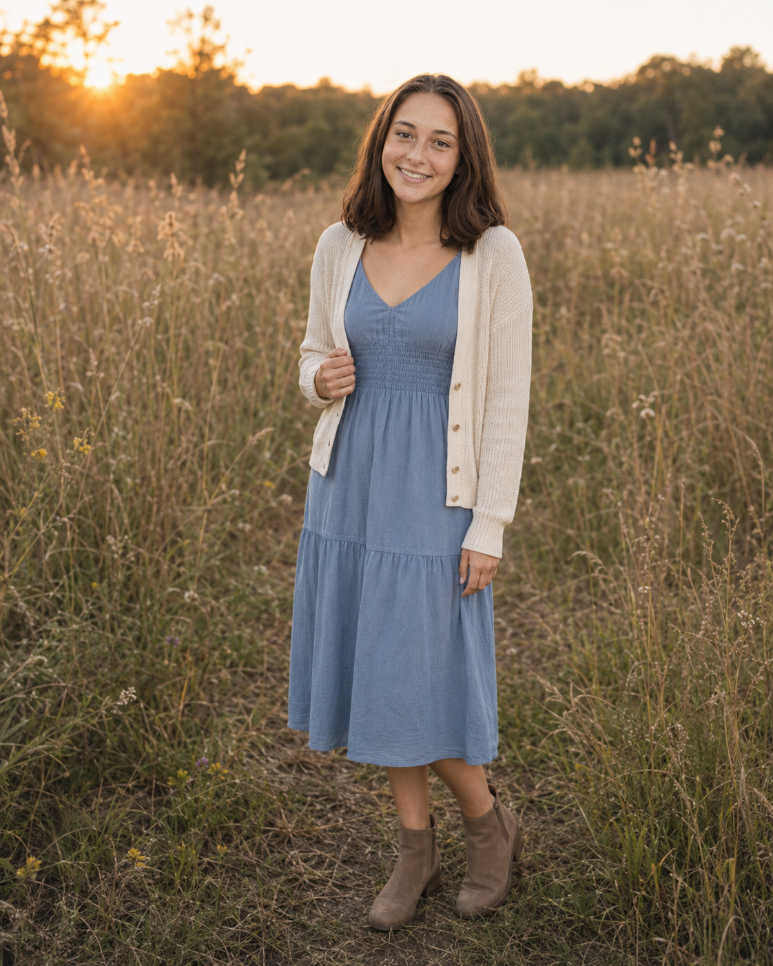 Young woman smiling in a blue dress and cream cardigan standing in a golden field at sunset.