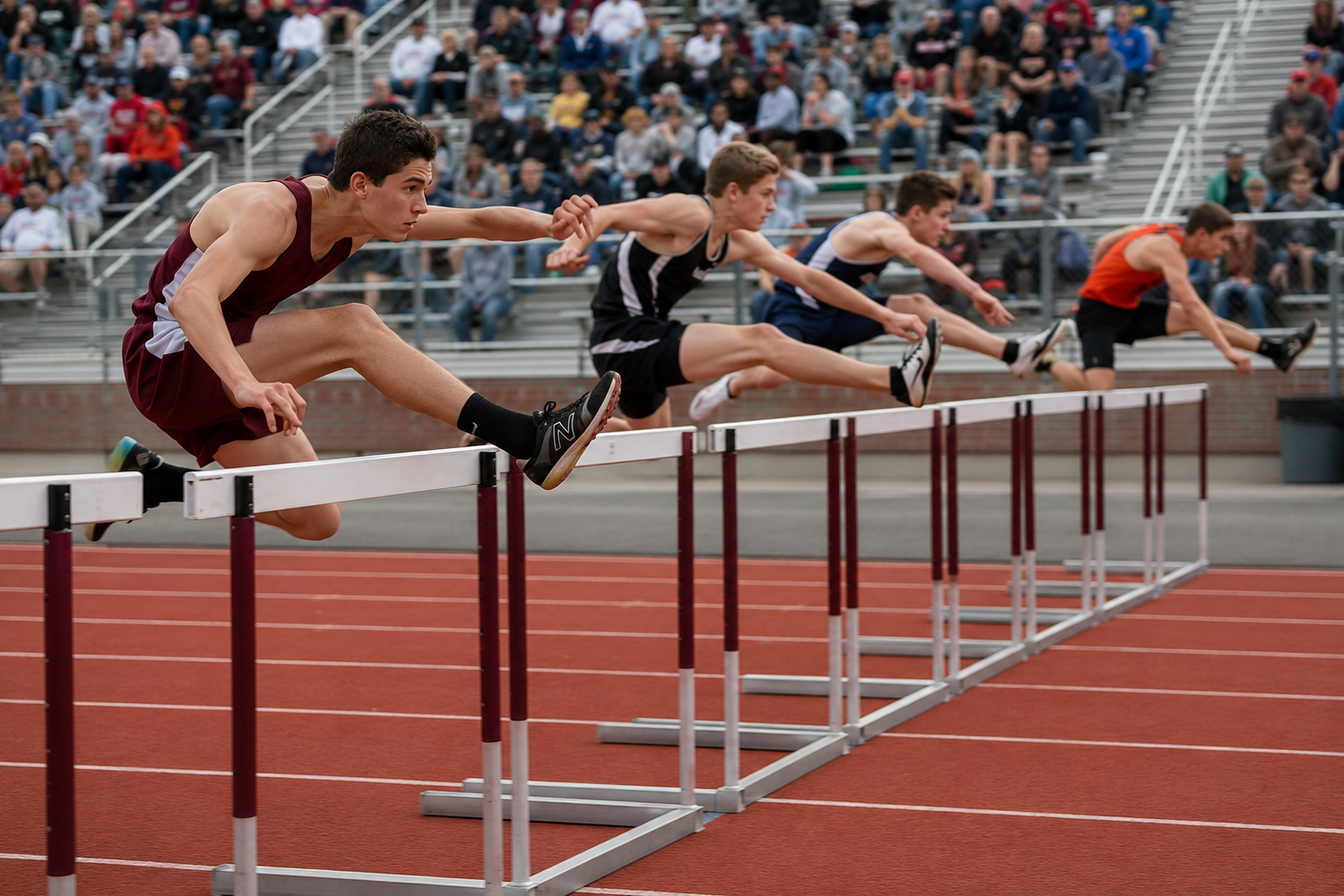 Four male athletes leap over hurdles on a red track during a competitive high school track and field hurdles race.