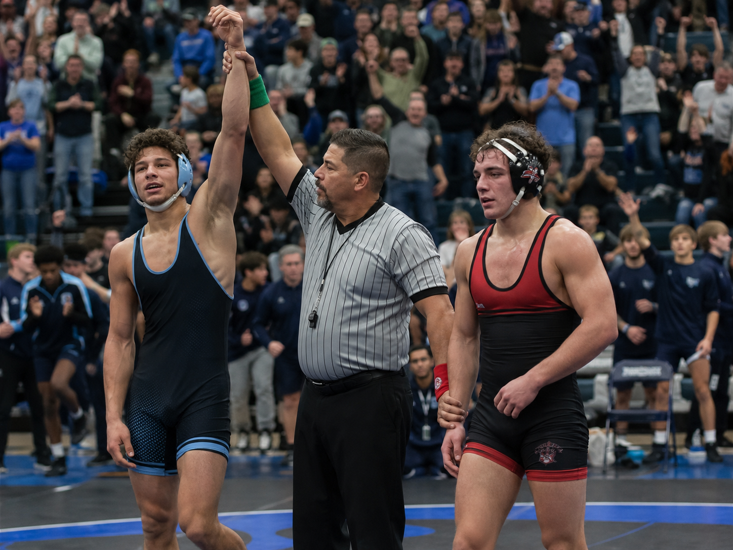 A referee raises a wrestler's hand in victory on a blue mat during a high school wrestling match.