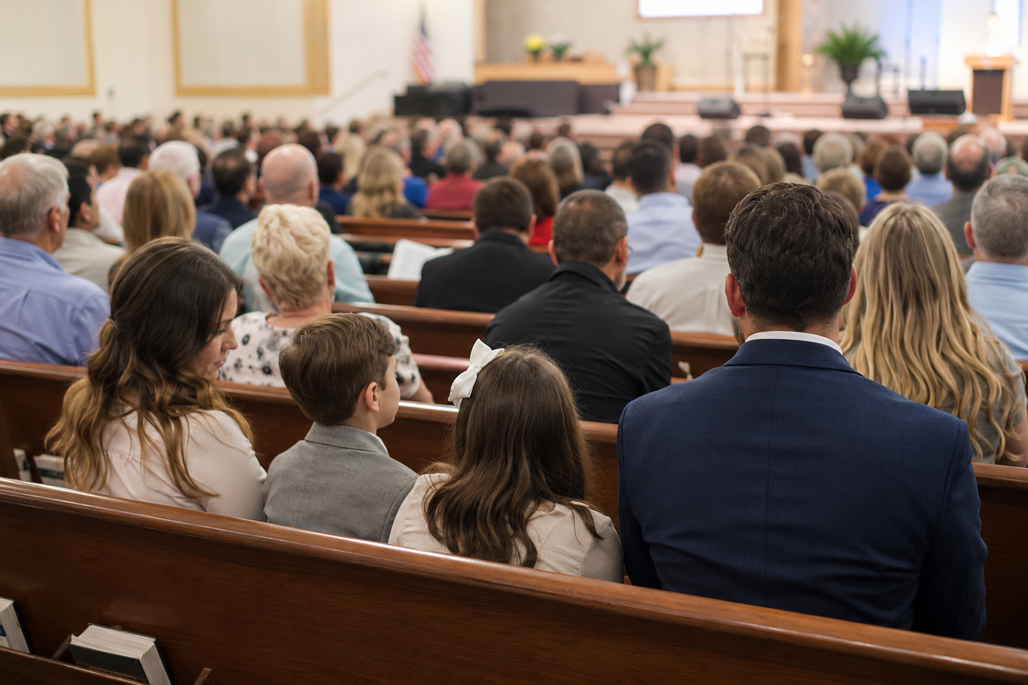 Families dressed formally sit in church pews during a Sunday worship service.