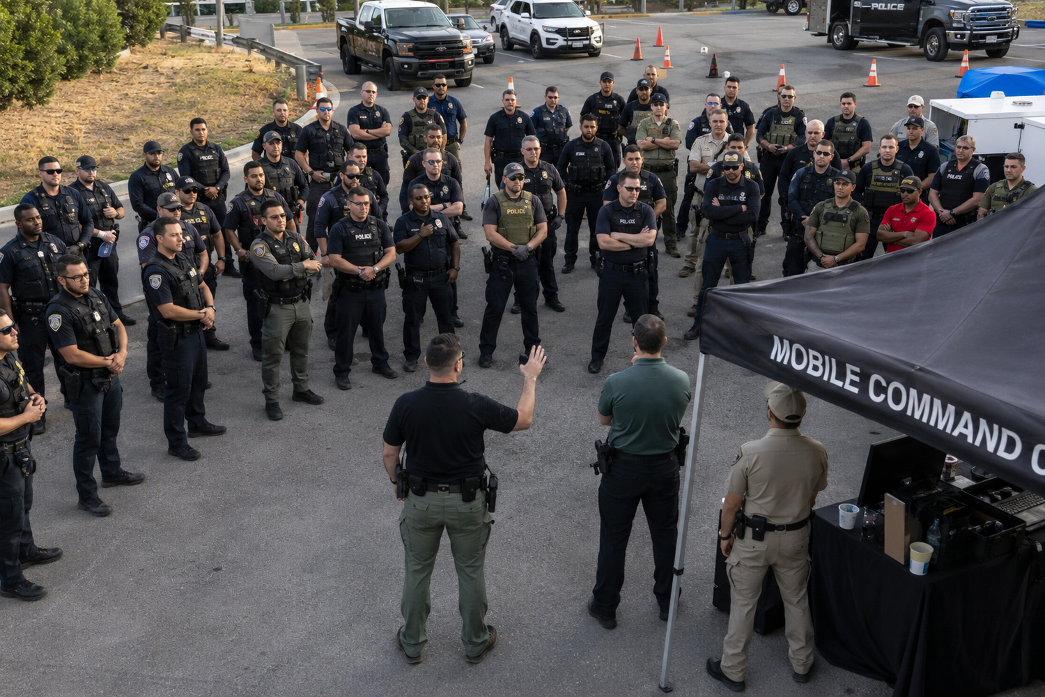 Law enforcement officers gather for a briefing near a Mobile Command Center during a large-scale police operation outdoors.