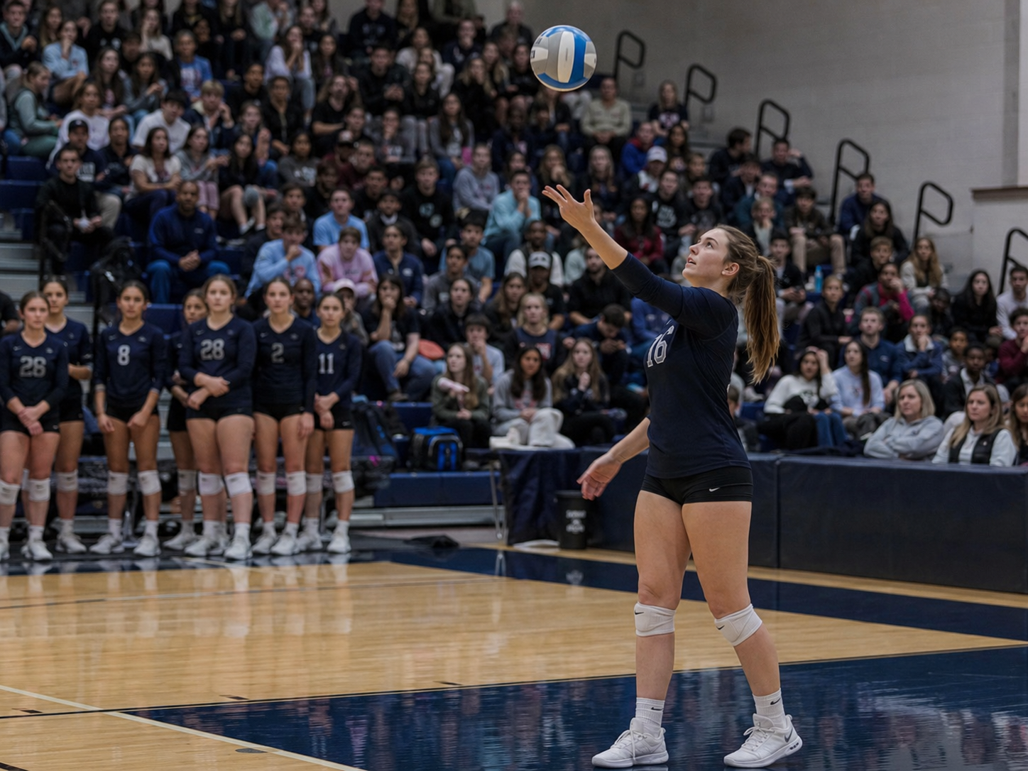 Female volleyball player serves the ball during a packed indoor match with teammates lined up behind her.