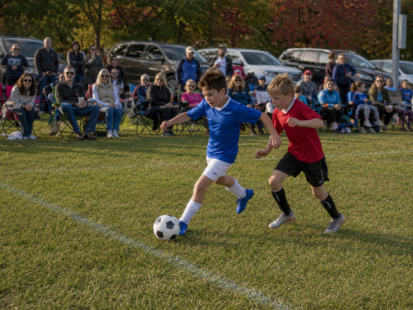 Two young boys compete for soccer ball during youth league game with spectators watching.