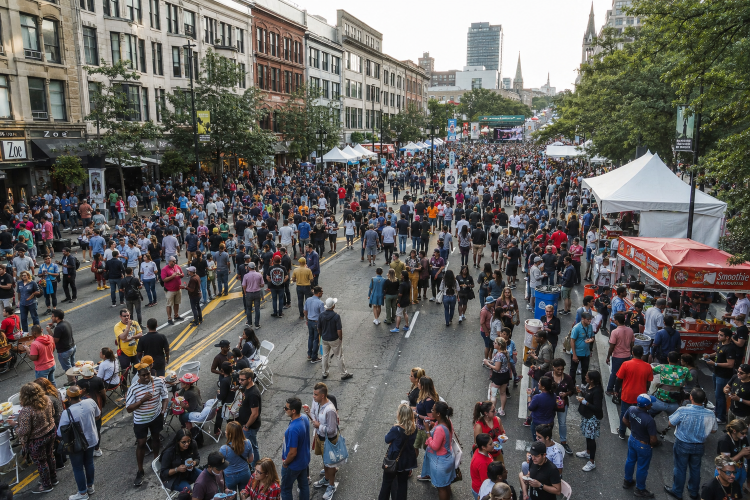 Large crowd fills a city street during an outdoor festival with white tents and urban buildings in the background.