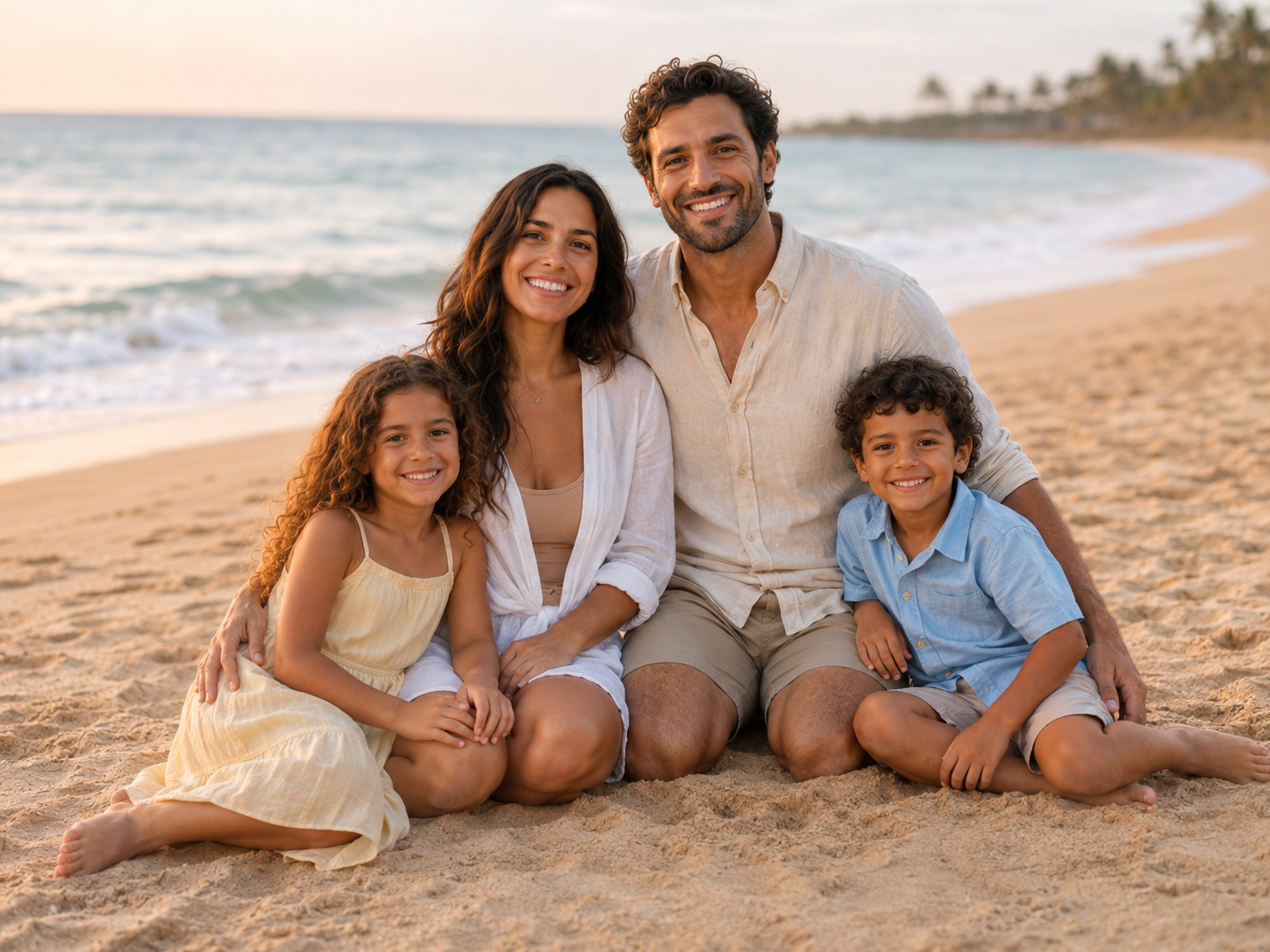 Happy family of four sitting together on tropical beach at golden hour sunset.