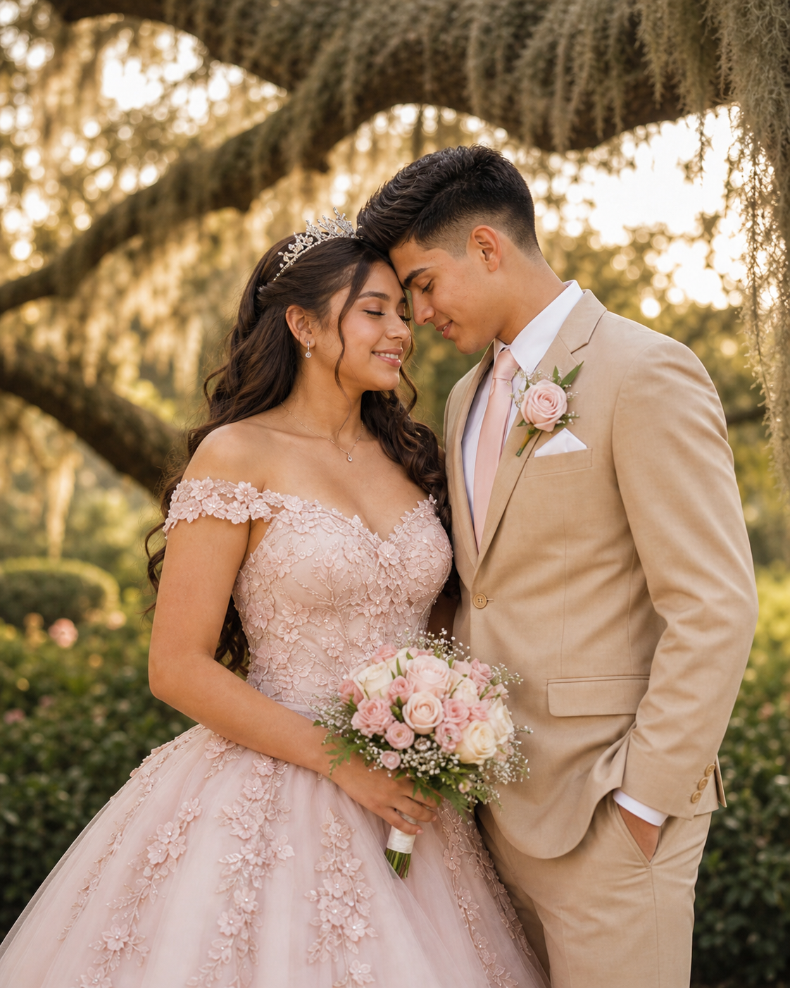 Young couple in blush pink ballgown and tan suit embrace under moss-covered trees holding pink roses.
