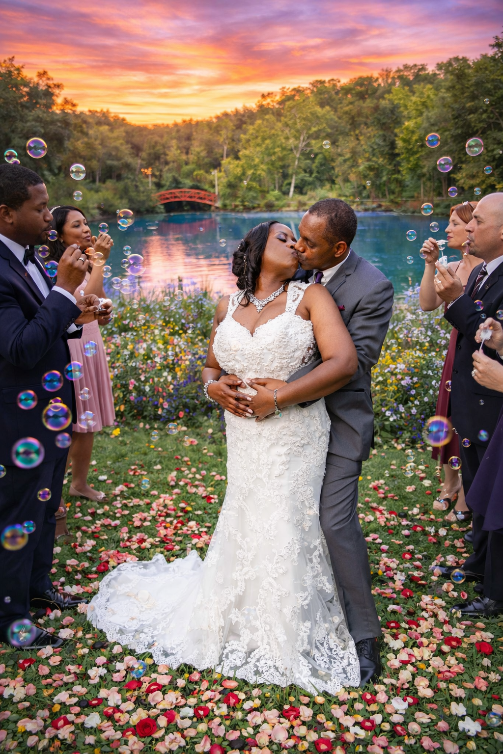 Newlyweds share intimate moments surrounded by bubbles and flowers at sunset by a lake.