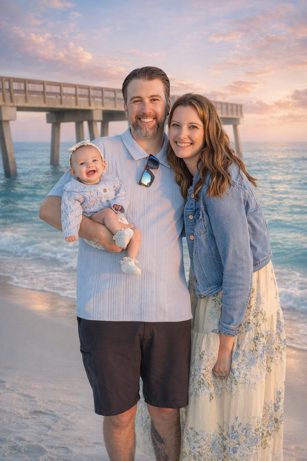 A family enjoys a sunset photoshoot on a beautiful beach with a wooden pier in the background.