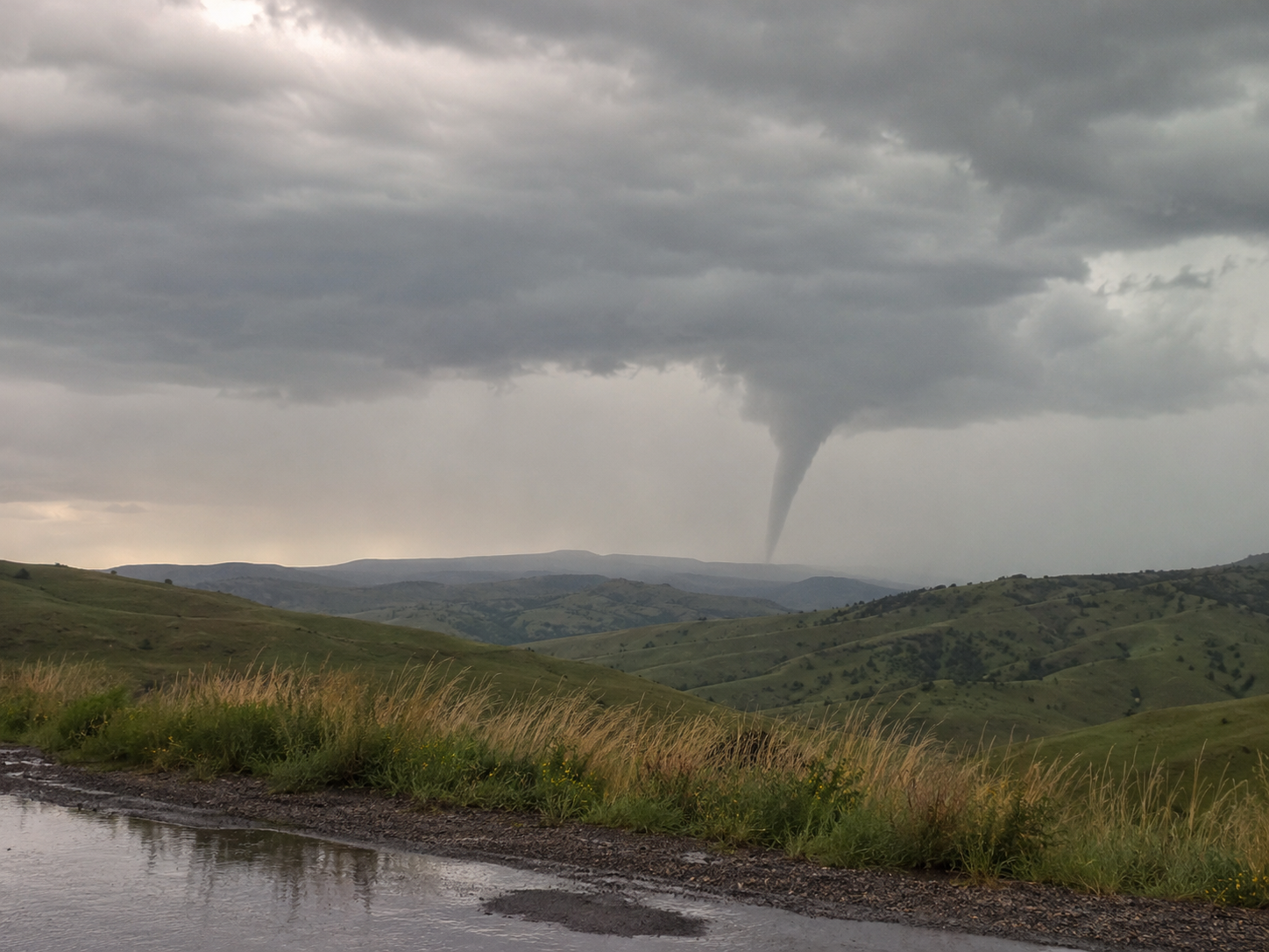 A large tornado funnel cloud touching down over green rolling hills under dramatic stormy skies.