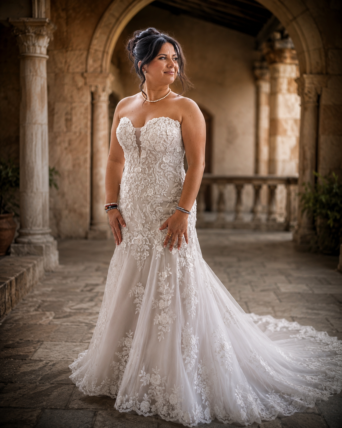 Bride in strapless lace mermaid wedding gown with beaded bodice poses at elegant stone archway venue.