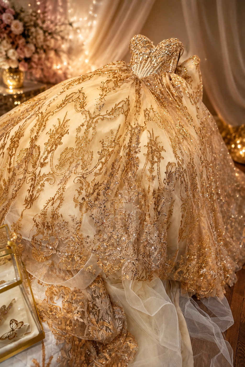 Luxurious gold embroidered ball gown with intricate lace detailing and beading displayed on a mannequin in elegant decor.