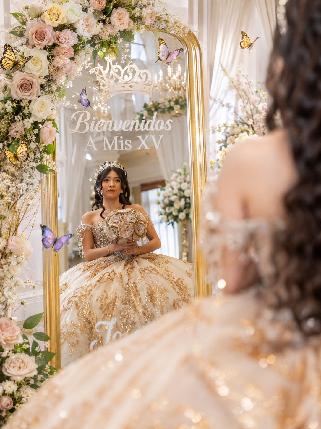 A young woman in a gold quinceañera ball gown poses before a floral mirror reading Bienvenidos A Mis XV.
