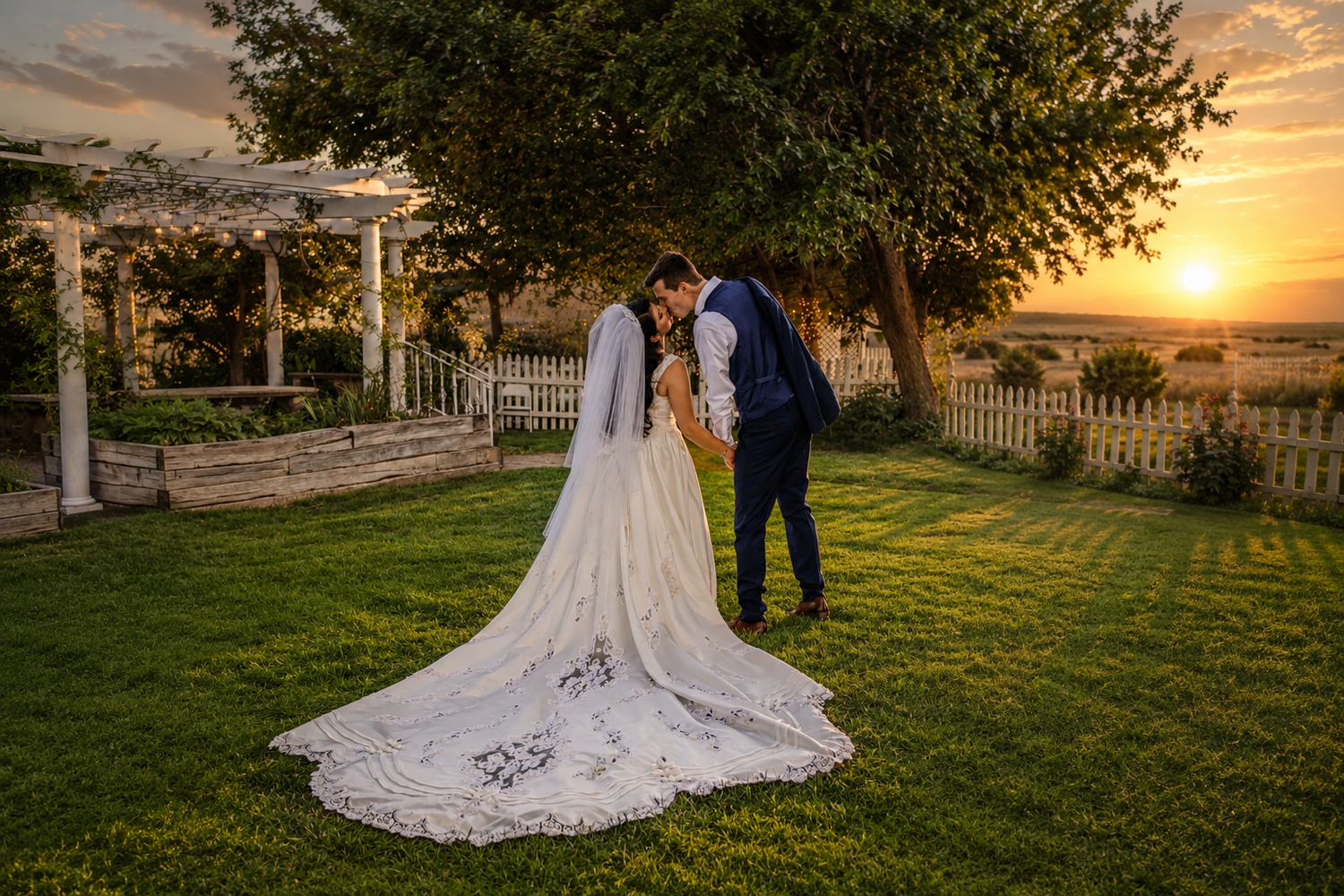 Bride and groom share a romantic sunset kiss on lush green lawn with white fence and pergola backdrop.