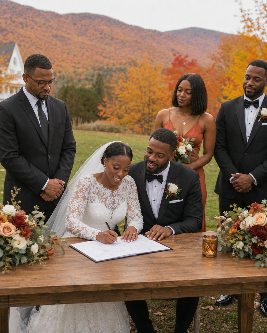 Bride and groom sign wedding certificate at outdoor fall ceremony table with wedding party and autumn foliage backdrop.