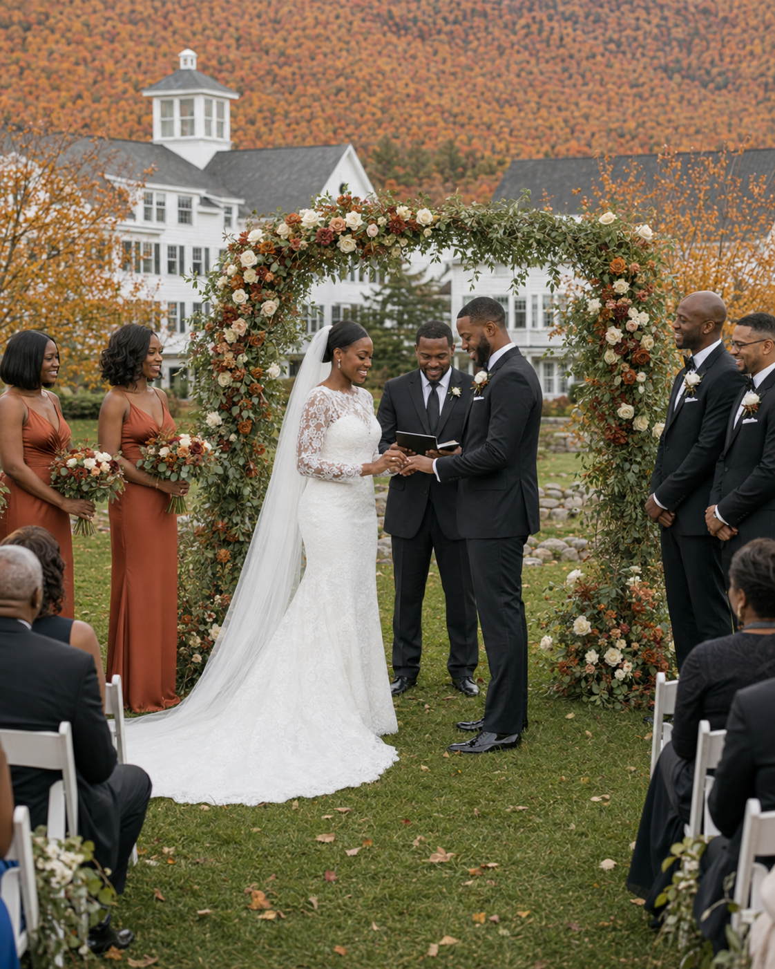 Outdoor fall wedding ceremony with couple exchanging vows under a floral arch, bridesmaids in rust dresses, groomsmen in black suits.