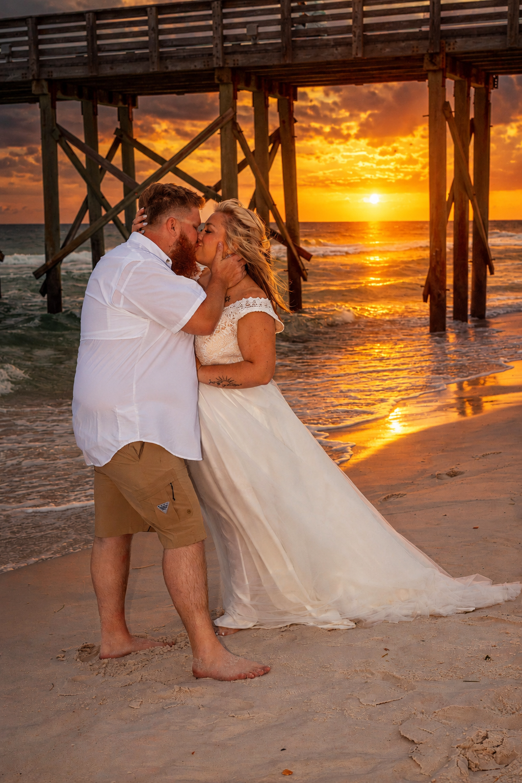 Couple sharing romantic kiss at sunset by beach pier, bride in white gown, groom in white shirt.