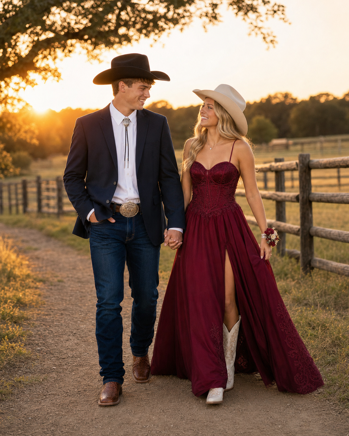 Couple in western attire walks at sunset, man in black cowboy hat and blazer, woman in burgundy gown with white boots.