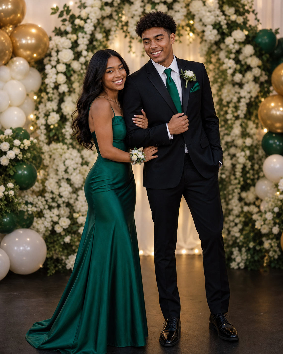 A couple poses in matching emerald green prom attire before a floral balloon backdrop.