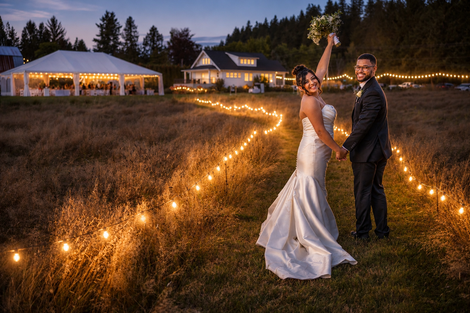 Bride and groom celebrate at dusk along a glowing string light path leading to a white tent wedding venue.