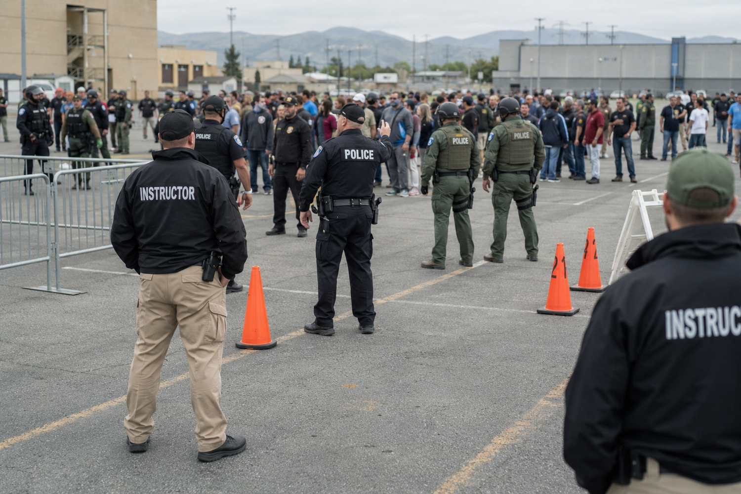 Police instructors and officers manage a crowd behind barriers and orange cones during a law enforcement training exercise.