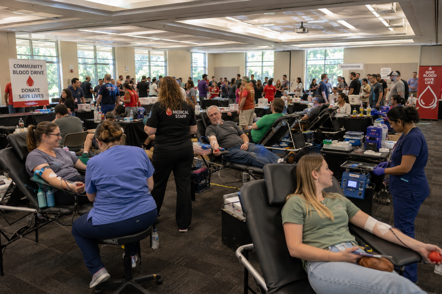 Volunteers and donors fill a busy community blood drive event held in a large indoor facility.
