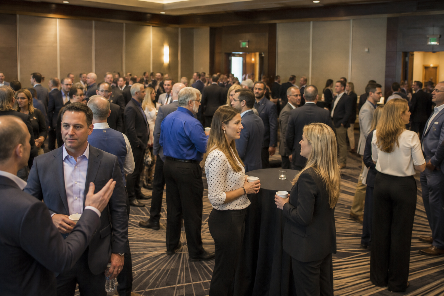 Professionals networking at a corporate business conference event in a large hotel ballroom.