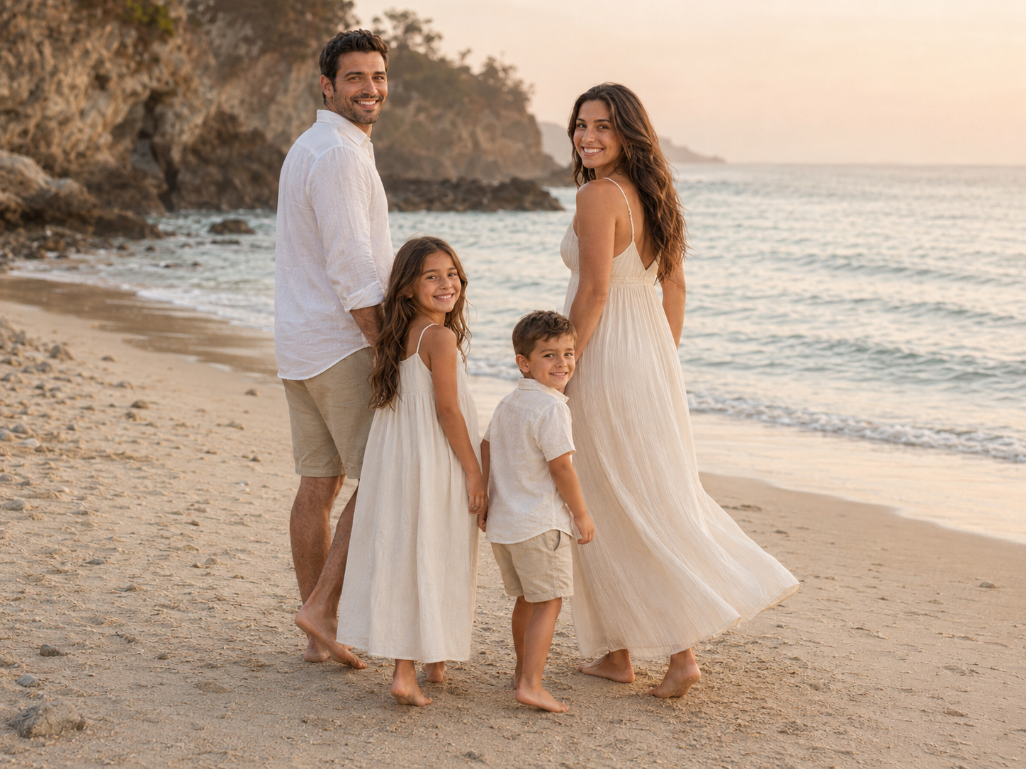 Family of four in white outfits posing on a sandy beach at sunset with rocky cliffs in the background.