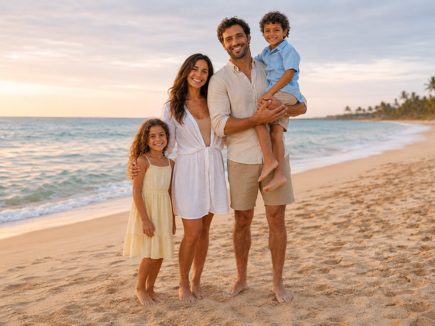 Happy family of four posing on a sandy beach at sunset, parents and two children smiling by the ocean.