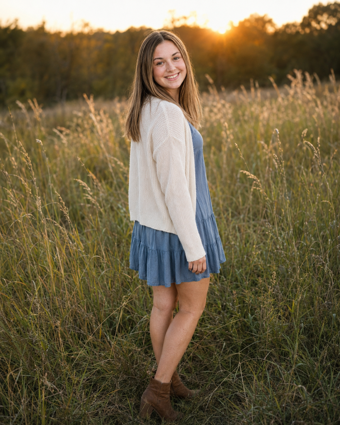 Teen girl in blue dress and cream sweater posing in tall grass field at sunset.
