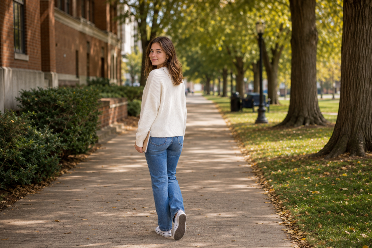 Young woman in white blouse and jeans walking along a tree-lined campus pathway.