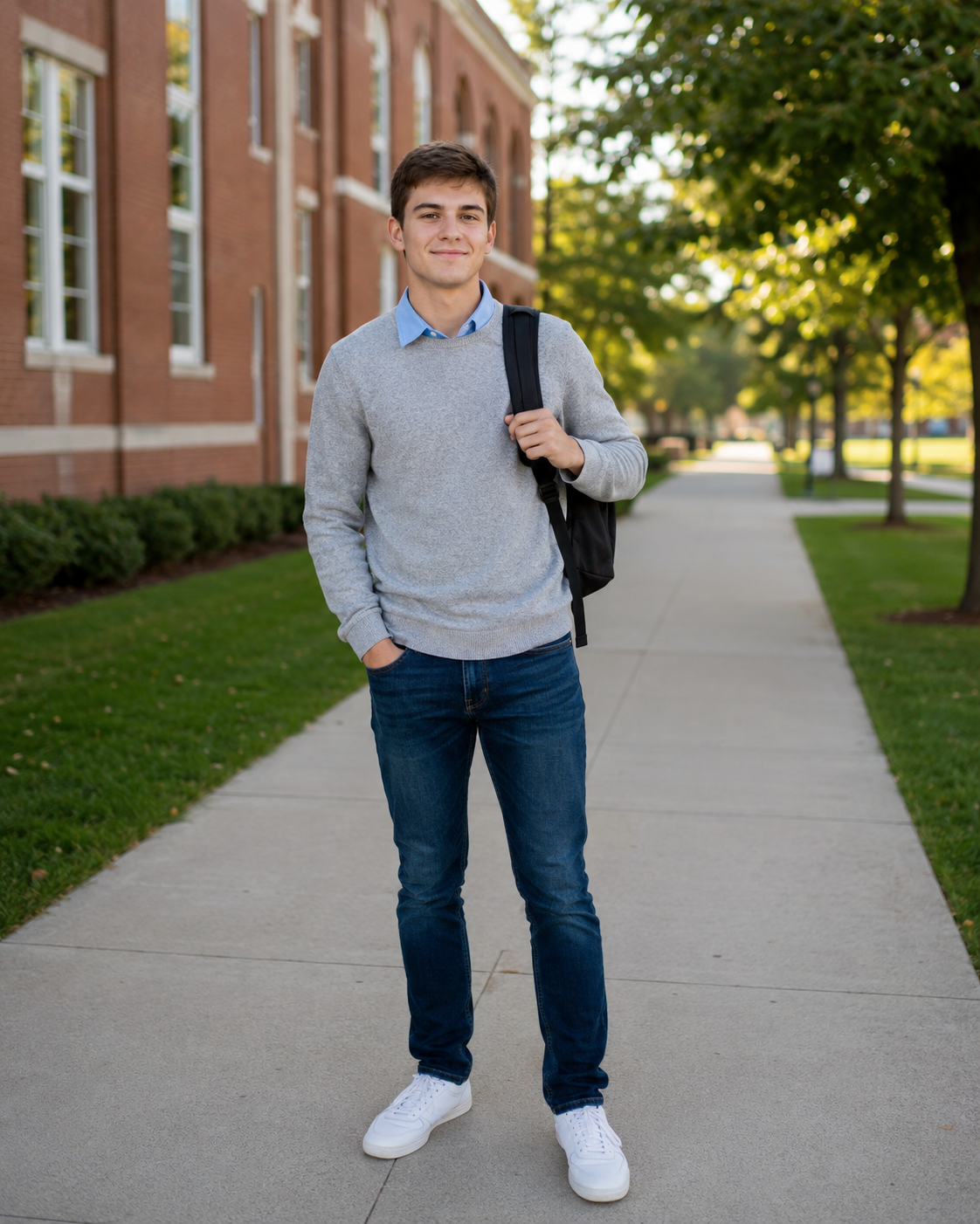Young man in gray sweater and jeans carrying backpack on college campus sidewalk.