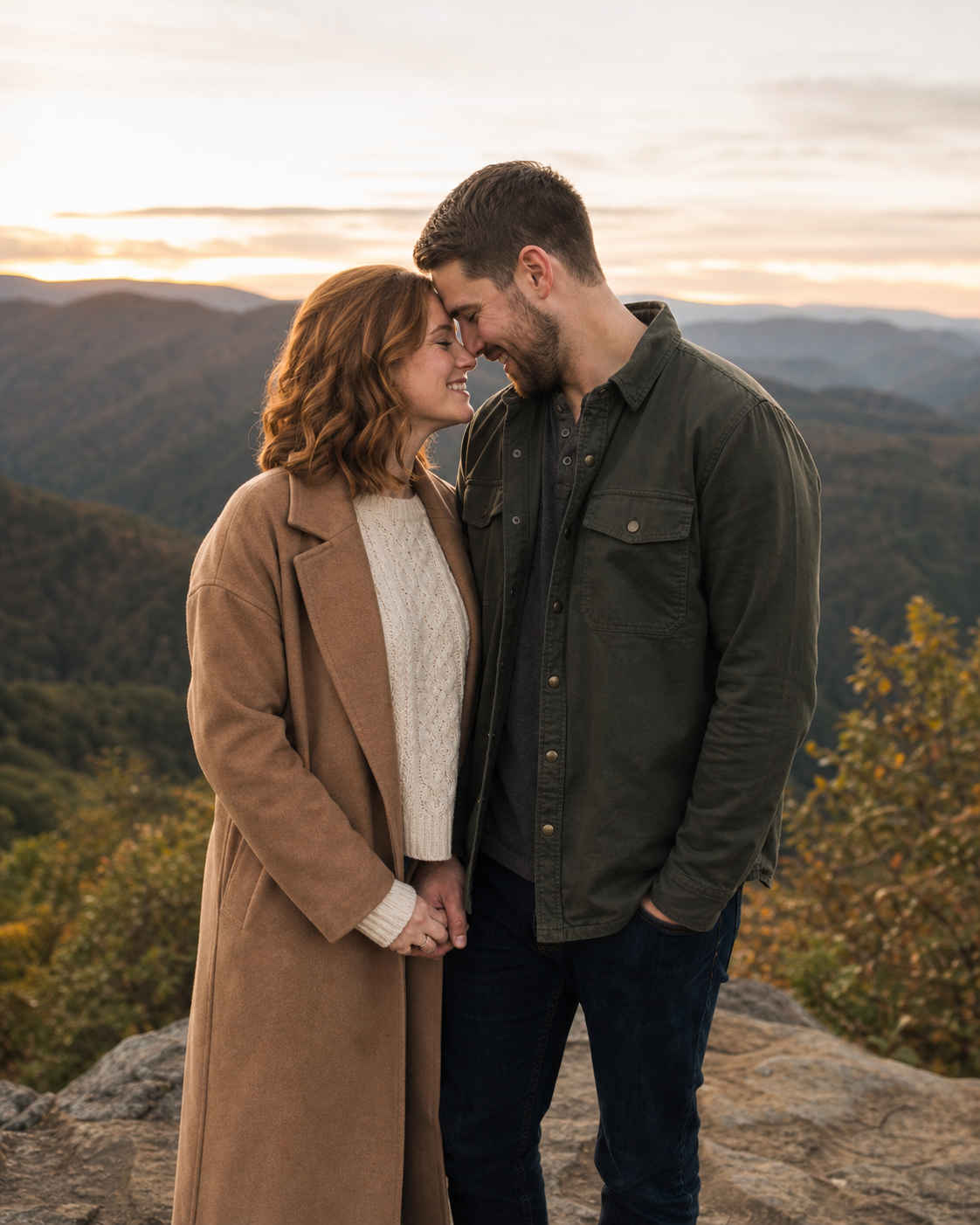 Couple sharing a romantic moment at sunset on a mountain overlook with fall foliage and misty blue ridges behind them.