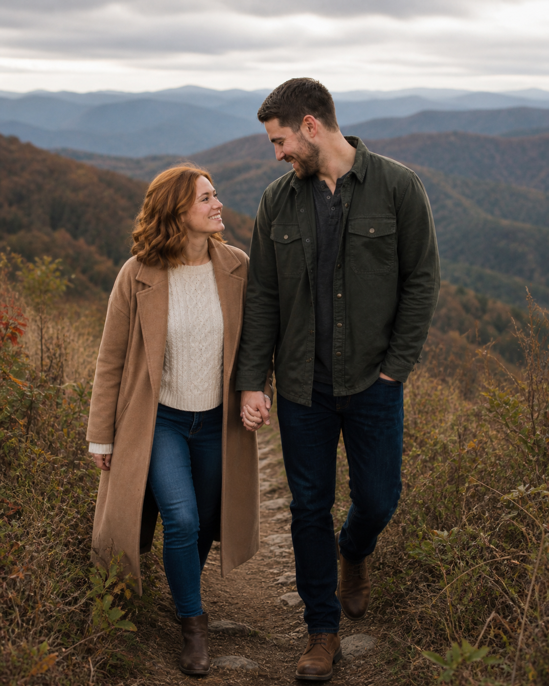 Couple holding hands and smiling on a mountain trail in fall, wearing cozy coats with scenic blue ridge views.
