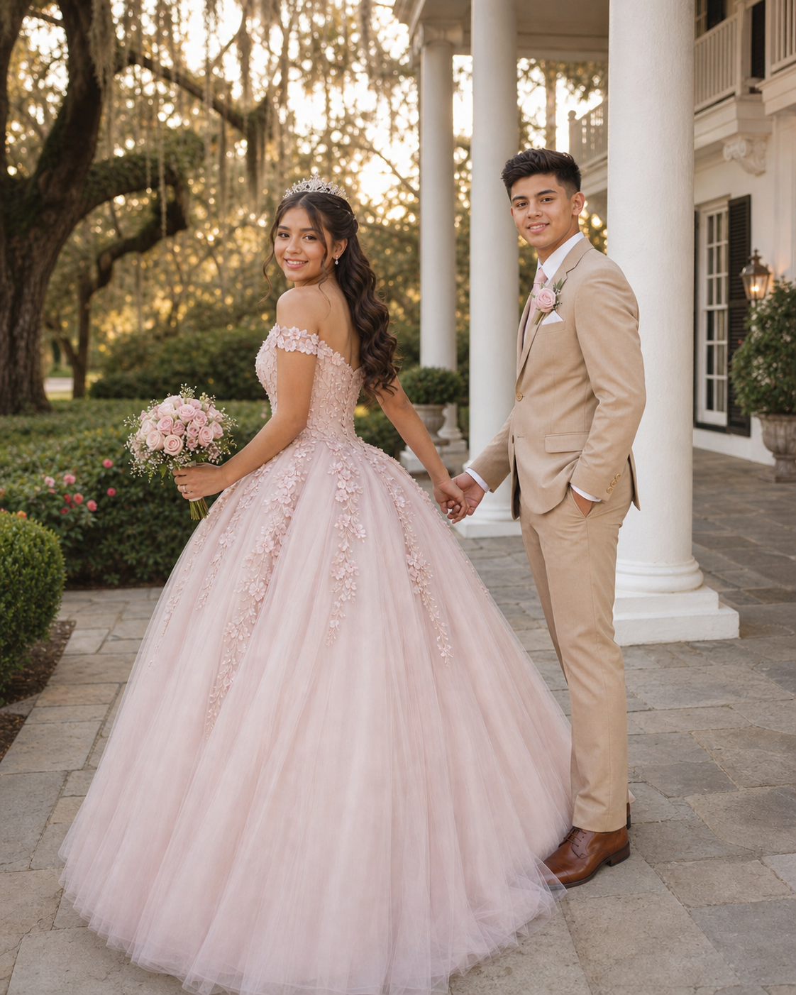 Elegant couple in pink ballgown and tan suit hold hands outside white columned mansion at sunset.