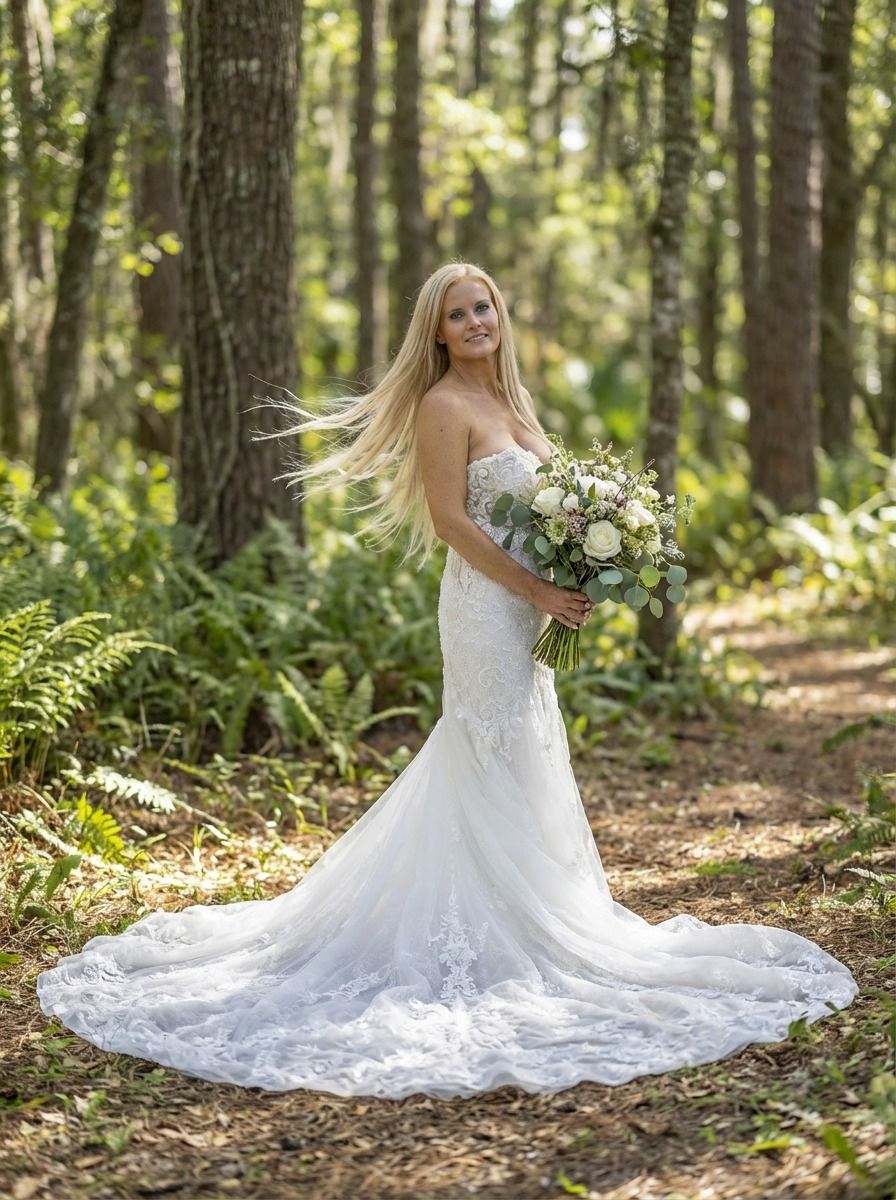 Bride in lace mermaid wedding gown holding bouquet in sunlit forest setting.