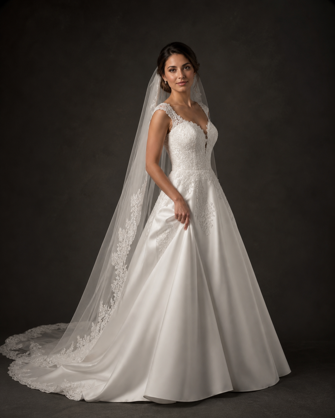 Elegant A-line wedding gown with lace bodice, satin skirt, cap sleeves, and a long lace-trimmed cathedral veil.