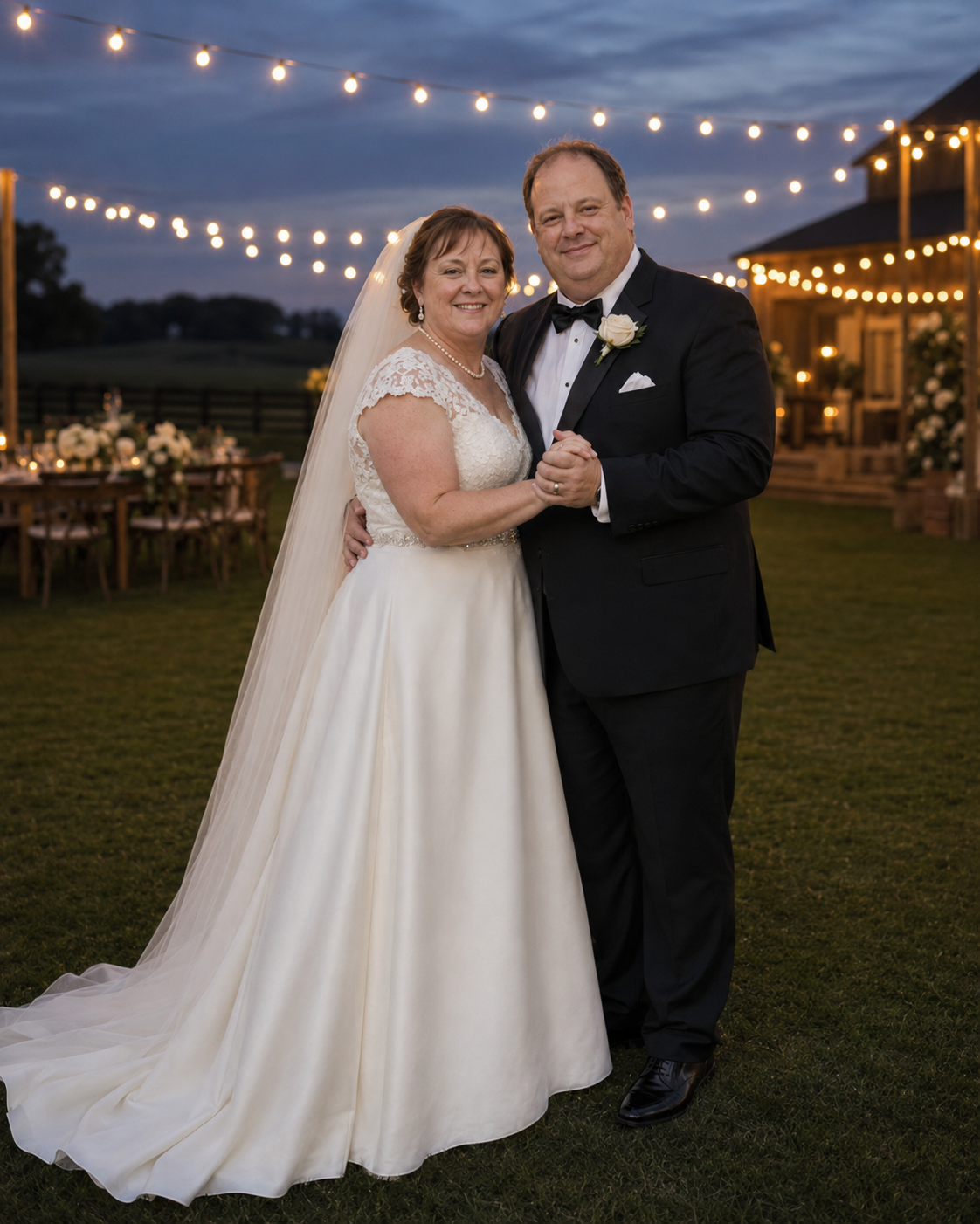 Bride and groom pose together at dusk under glowing string lights at their elegant outdoor wedding reception venue.