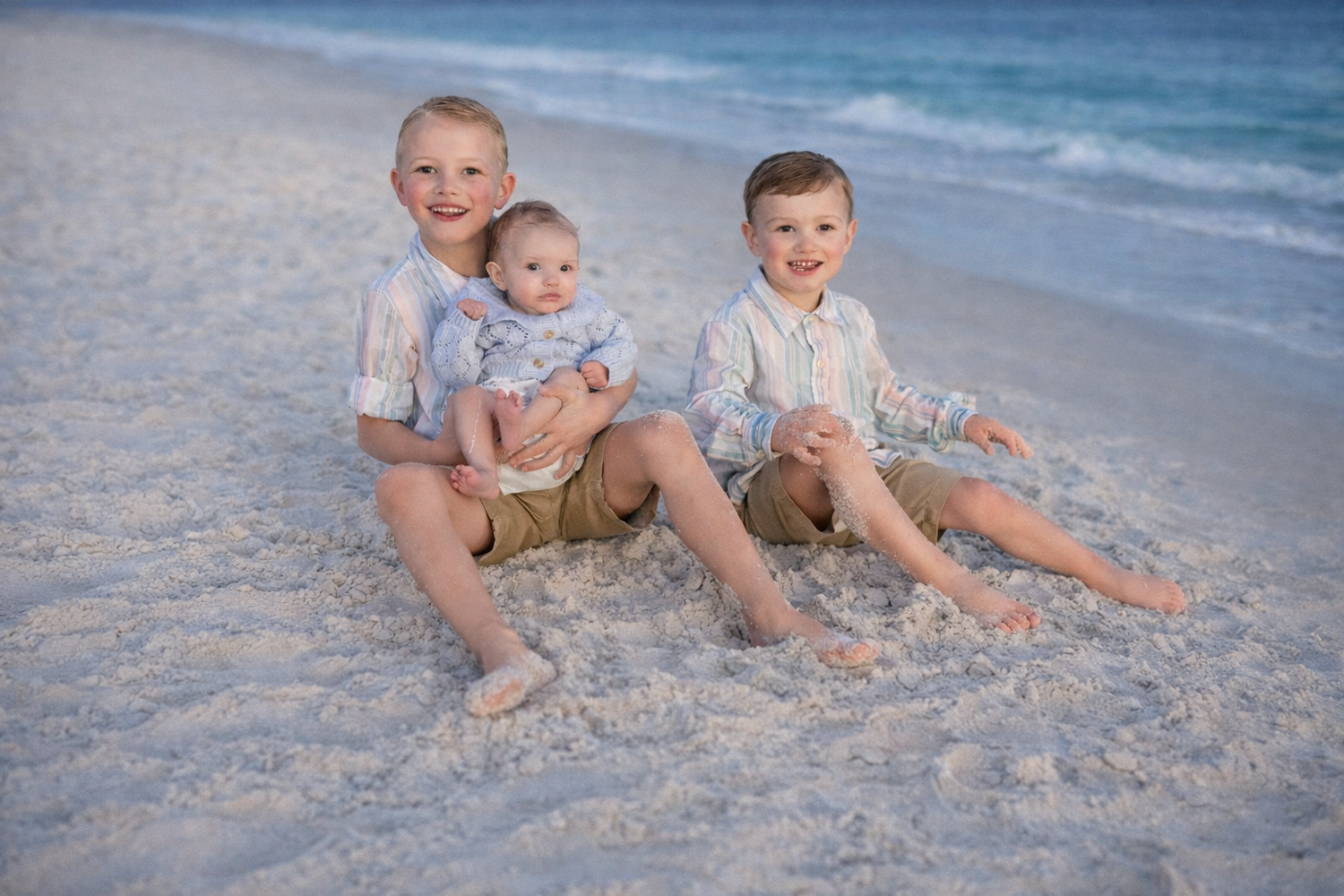 Three children in coordinating blue and white outfits sit together on a sandy beach at sunset.