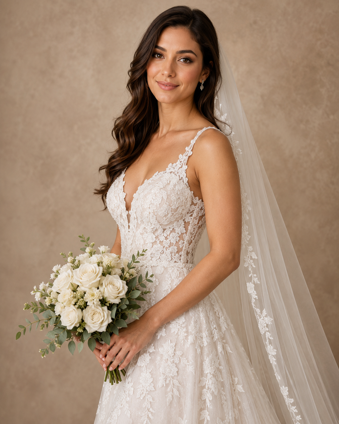 Bride in lace A-line wedding gown with veil, holding white rose bouquet with eucalyptus greenery.