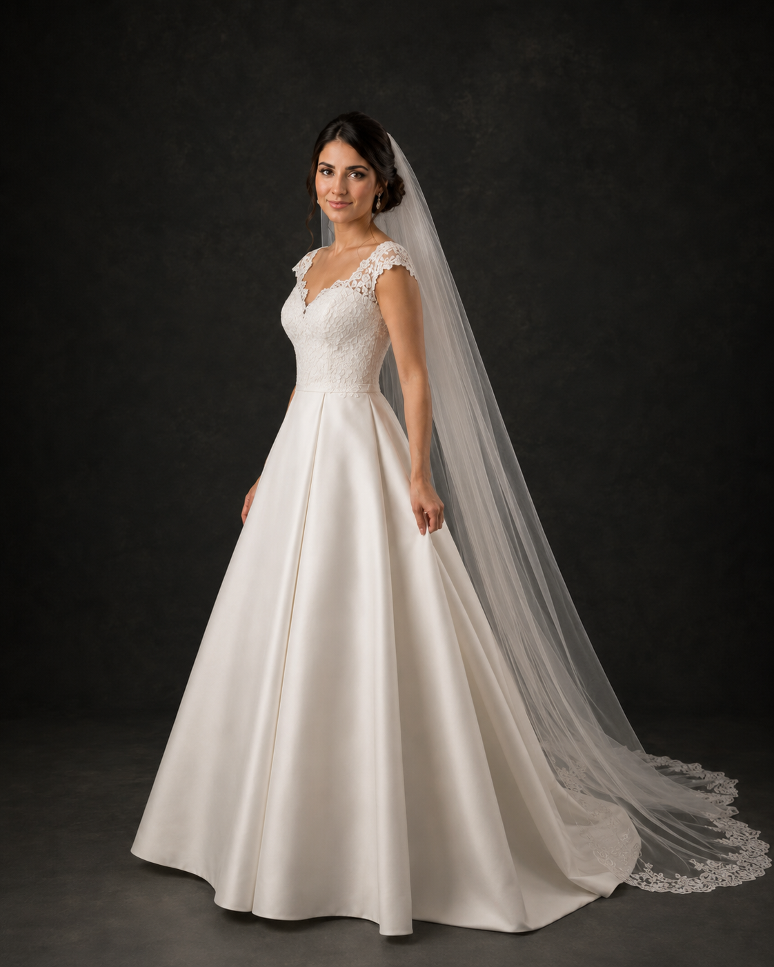 Elegant bride in ivory A-line satin wedding gown with lace bodice and cathedral veil, standing gracefully.