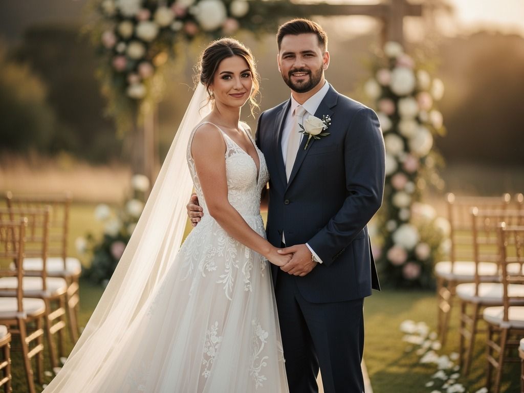 Bride and groom posing together at outdoor wedding ceremony with floral arch and golden hour lighting.