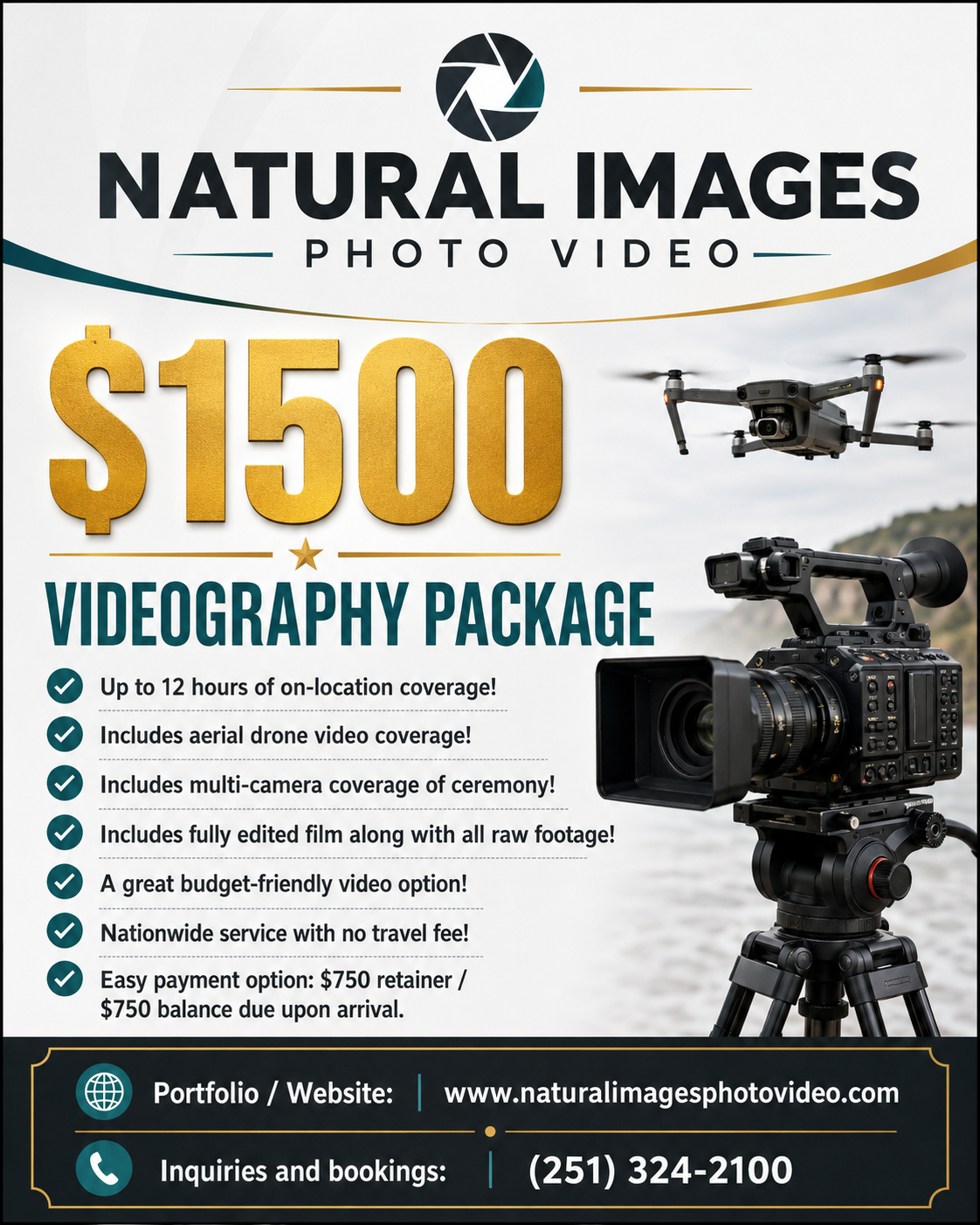 Natural Images Photo Video $1500 videography package ad featuring drone and camera equipment with contact details.